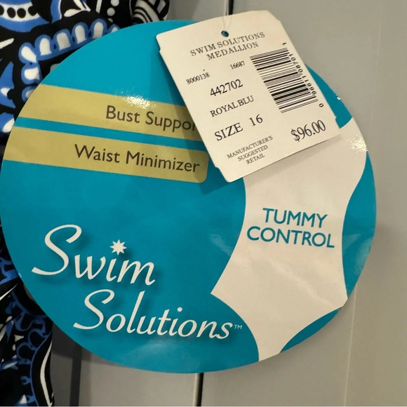 NWT Swim Solutions Blue Floral Mandala One Piece Swimsuit w/ Ruching size 16 - Picture 2 of 6